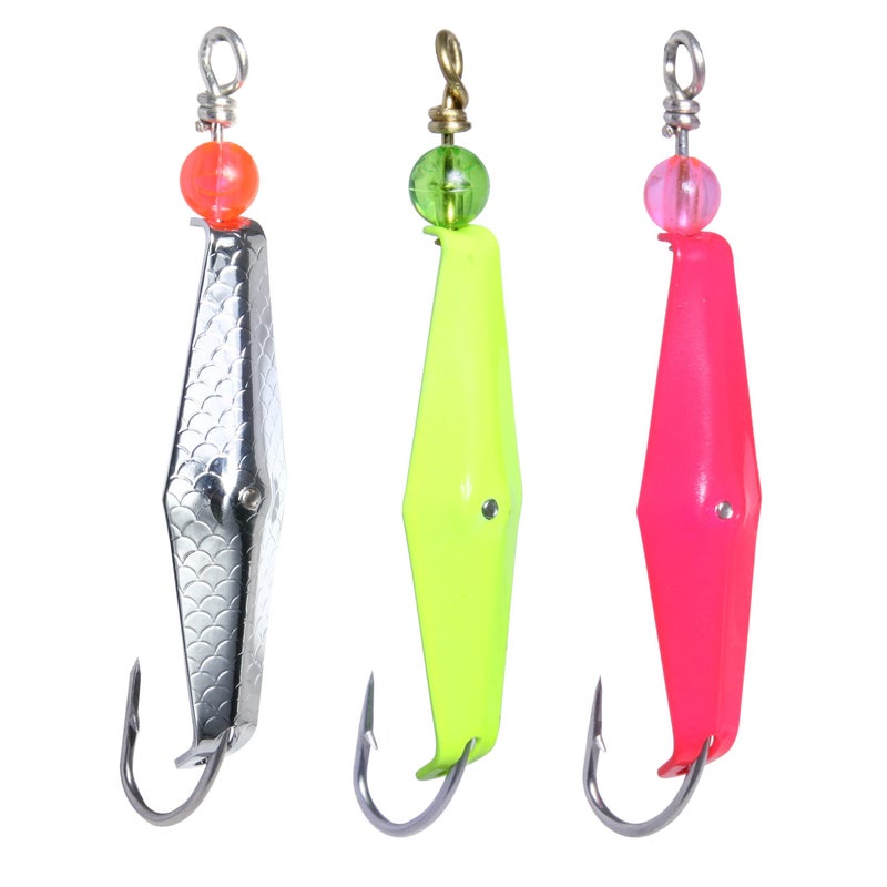 Clarkspoon Size 0, Three Pack Trolling Spoons: Chrome Hammered Scale Finish, Chartreuse, Pink - Image 1